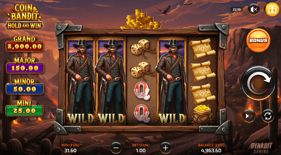 Coin Bandit Dynabit Gaming &mdash; cluster Hold&Win western con RTP 96,00% su Spinight